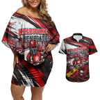 Personalised Melbourne Renegades Cricket Fan Pride Couples Matching Off Shoulder Short Dress and Hawaiian Shirt Dynamic Cricket Graphic Art With Melbourne City Skyline