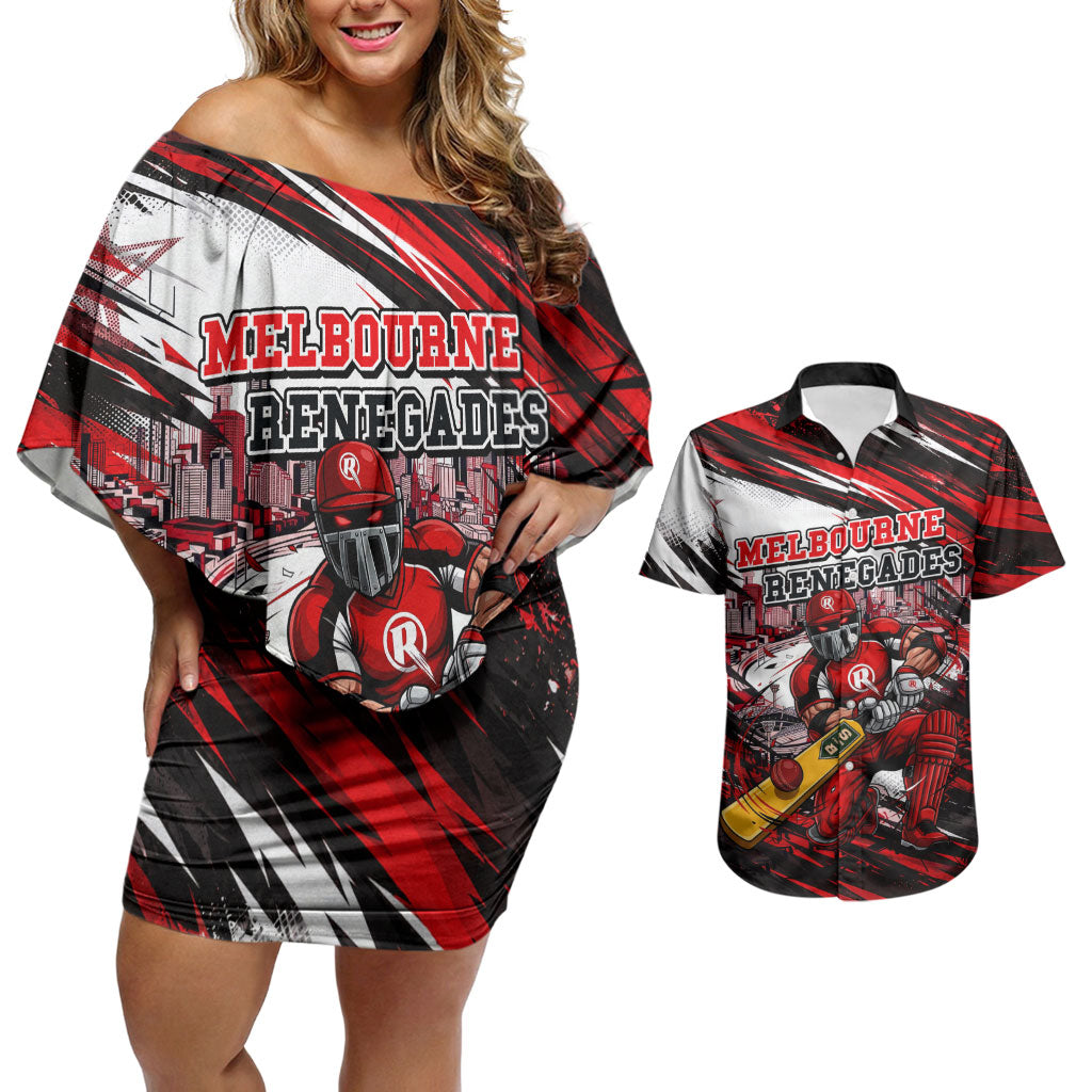 Personalised Melbourne Renegades Cricket Fan Pride Couples Matching Off Shoulder Short Dress and Hawaiian Shirt Dynamic Cricket Graphic Art With Melbourne City Skyline