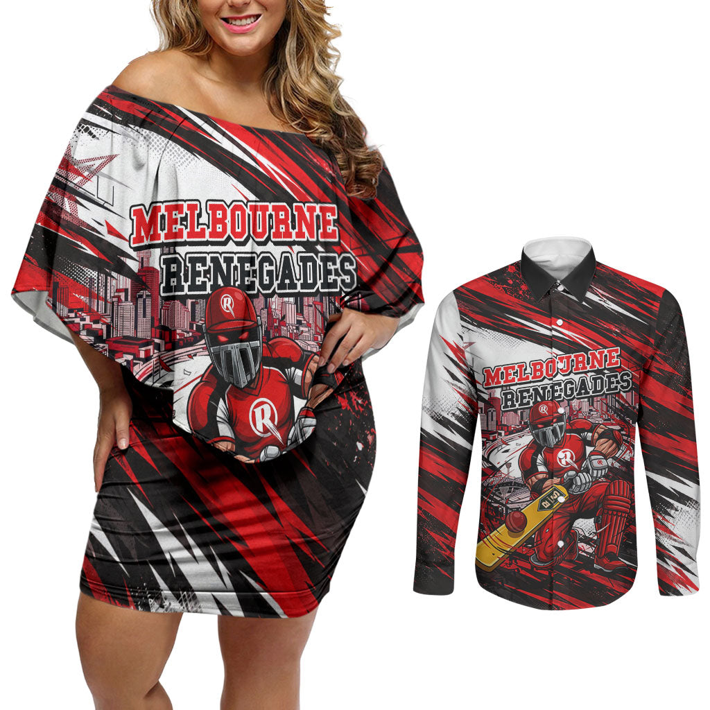 Personalised Melbourne Renegades Cricket Fan Pride Couples Matching Off Shoulder Short Dress and Long Sleeve Button Shirt Dynamic Cricket Graphic Art With Melbourne City Skyline