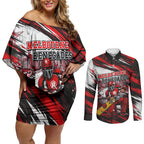 Personalised Melbourne Renegades Cricket Fan Pride Couples Matching Off Shoulder Short Dress and Long Sleeve Button Shirt Dynamic Cricket Graphic Art With Melbourne City Skyline