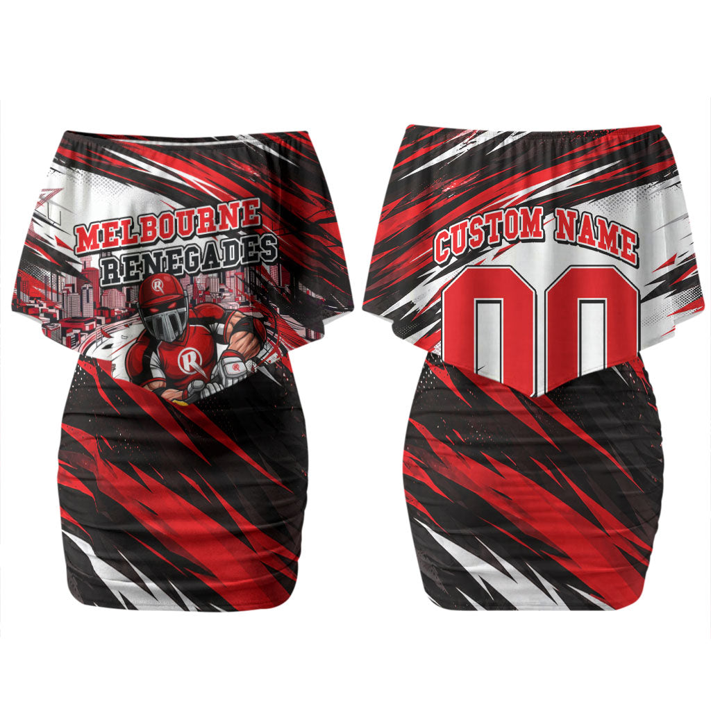 Personalised Melbourne Renegades Cricket Fan Pride Couples Matching Off Shoulder Short Dress and Long Sleeve Button Shirt Dynamic Cricket Graphic Art With Melbourne City Skyline