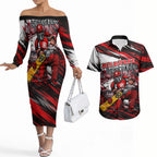 Personalised Melbourne Renegades Cricket Fan Pride Couples Matching Off The Shoulder Long Sleeve Dress and Hawaiian Shirt Dynamic Cricket Graphic Art With Melbourne City Skyline
