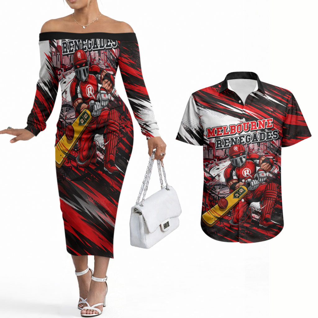 Personalised Melbourne Renegades Cricket Fan Pride Couples Matching Off The Shoulder Long Sleeve Dress and Hawaiian Shirt Dynamic Cricket Graphic Art With Melbourne City Skyline
