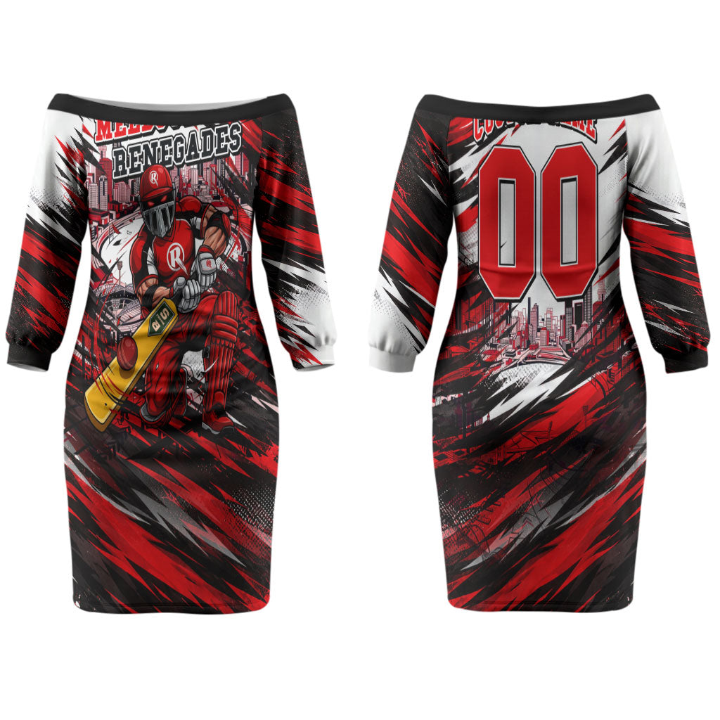 Personalised Melbourne Renegades Cricket Fan Pride Couples Matching Off The Shoulder Long Sleeve Dress and Hawaiian Shirt Dynamic Cricket Graphic Art With Melbourne City Skyline