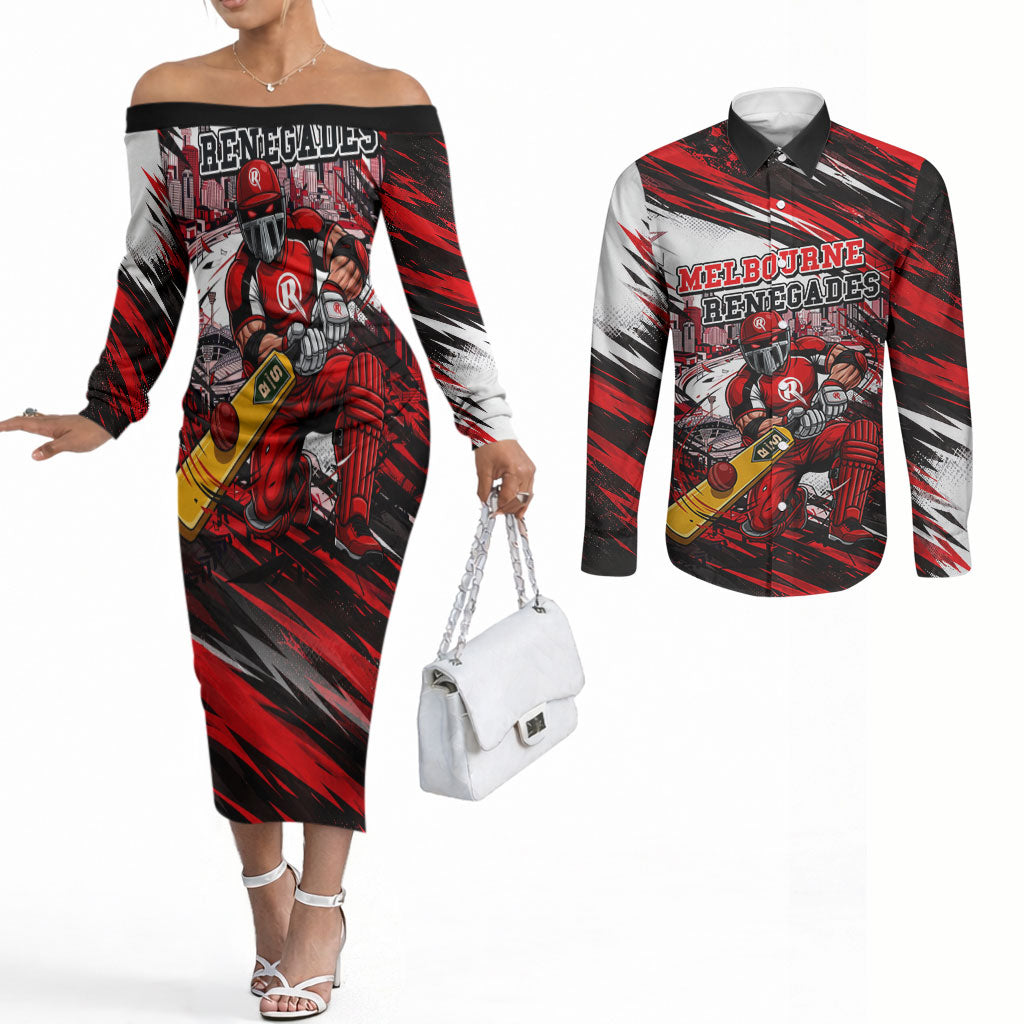 Personalised Melbourne Renegades Cricket Fan Pride Couples Matching Off The Shoulder Long Sleeve Dress and Long Sleeve Button Shirt Dynamic Cricket Graphic Art With Melbourne City Skyline