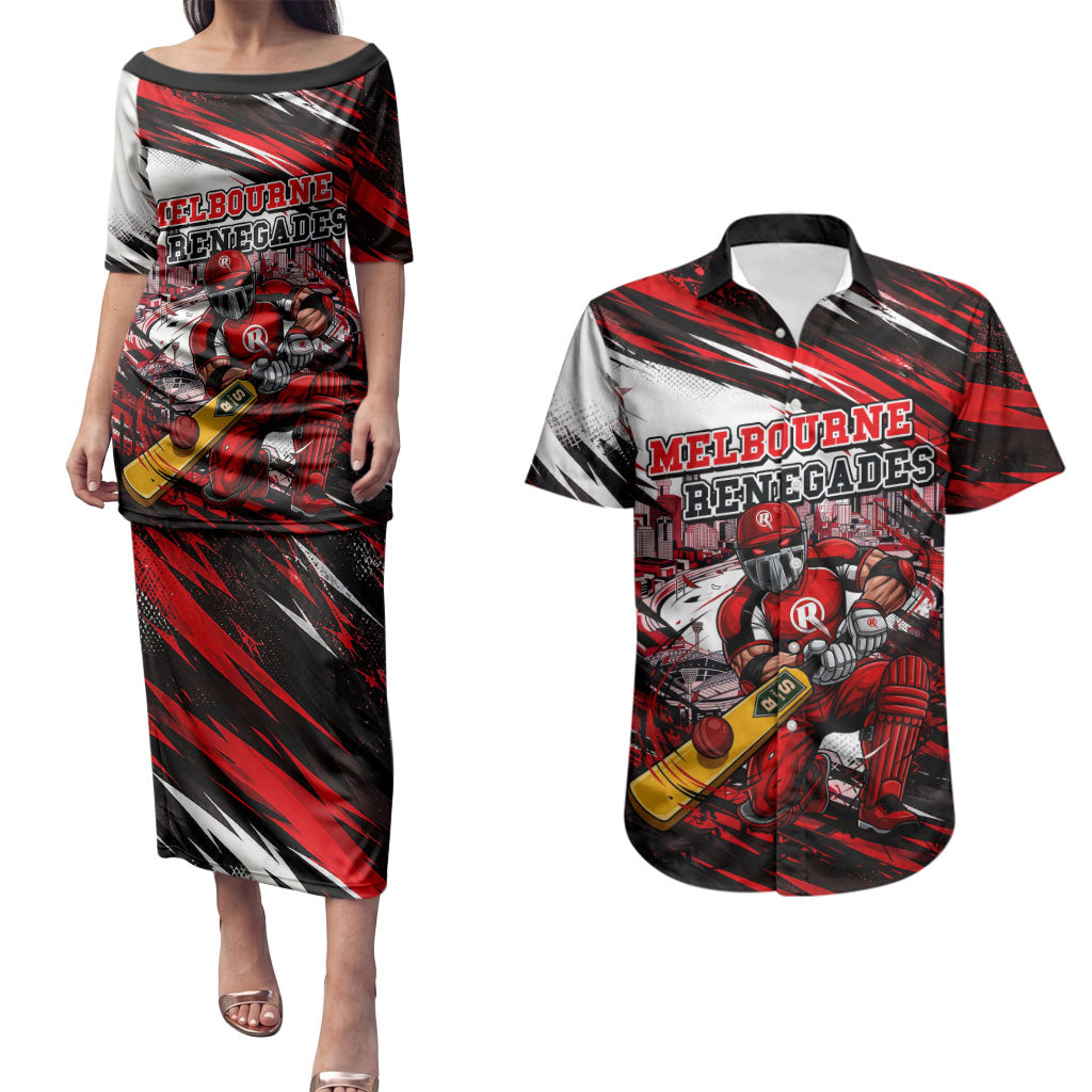 Personalised Melbourne Renegades Cricket Fan Pride Couples Matching Puletasi and Hawaiian Shirt Dynamic Cricket Graphic Art With Melbourne City Skyline