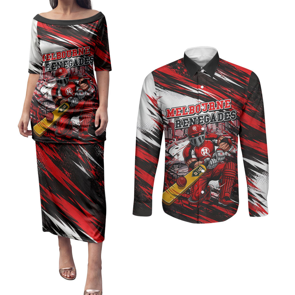 Personalised Melbourne Renegades Cricket Fan Pride Couples Matching Puletasi and Long Sleeve Button Shirt Dynamic Cricket Graphic Art With Melbourne City Skyline