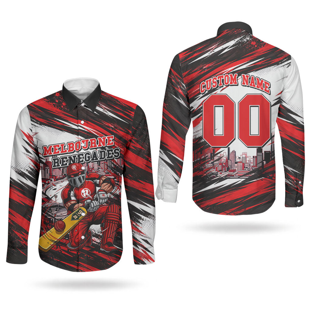 Personalised Melbourne Renegades Cricket Fan Pride Couples Matching Puletasi and Long Sleeve Button Shirt Dynamic Cricket Graphic Art With Melbourne City Skyline