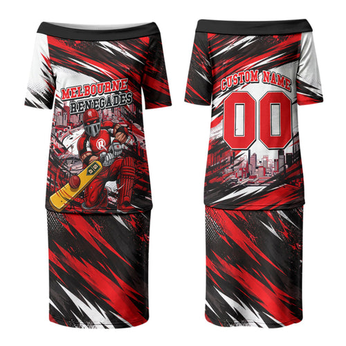 Personalised Melbourne Renegades Cricket Fan Pride Couples Matching Puletasi and Long Sleeve Button Shirt Dynamic Cricket Graphic Art With Melbourne City Skyline