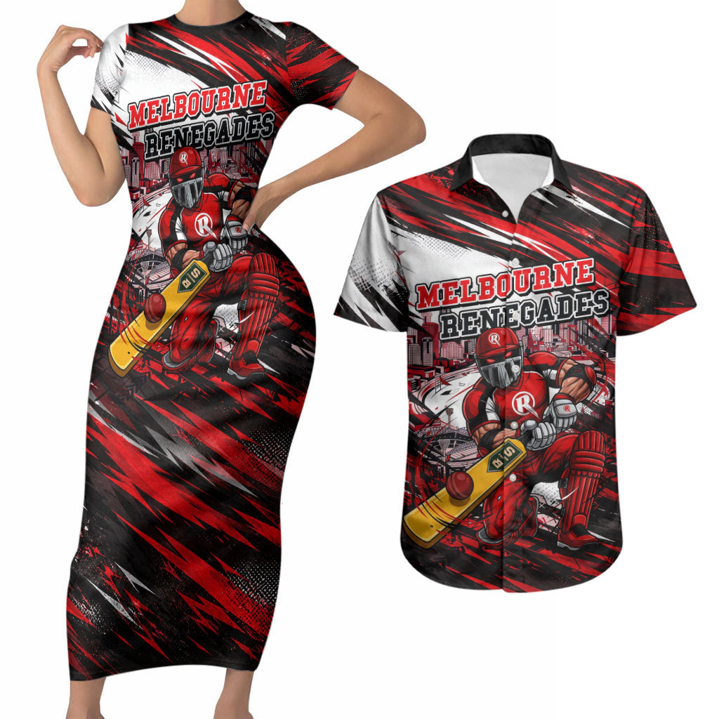 Personalised Melbourne Renegades Cricket Fan Pride Couples Matching Short Sleeve Bodycon Dress and Hawaiian Shirt Dynamic Cricket Graphic Art With Melbourne City Skyline
