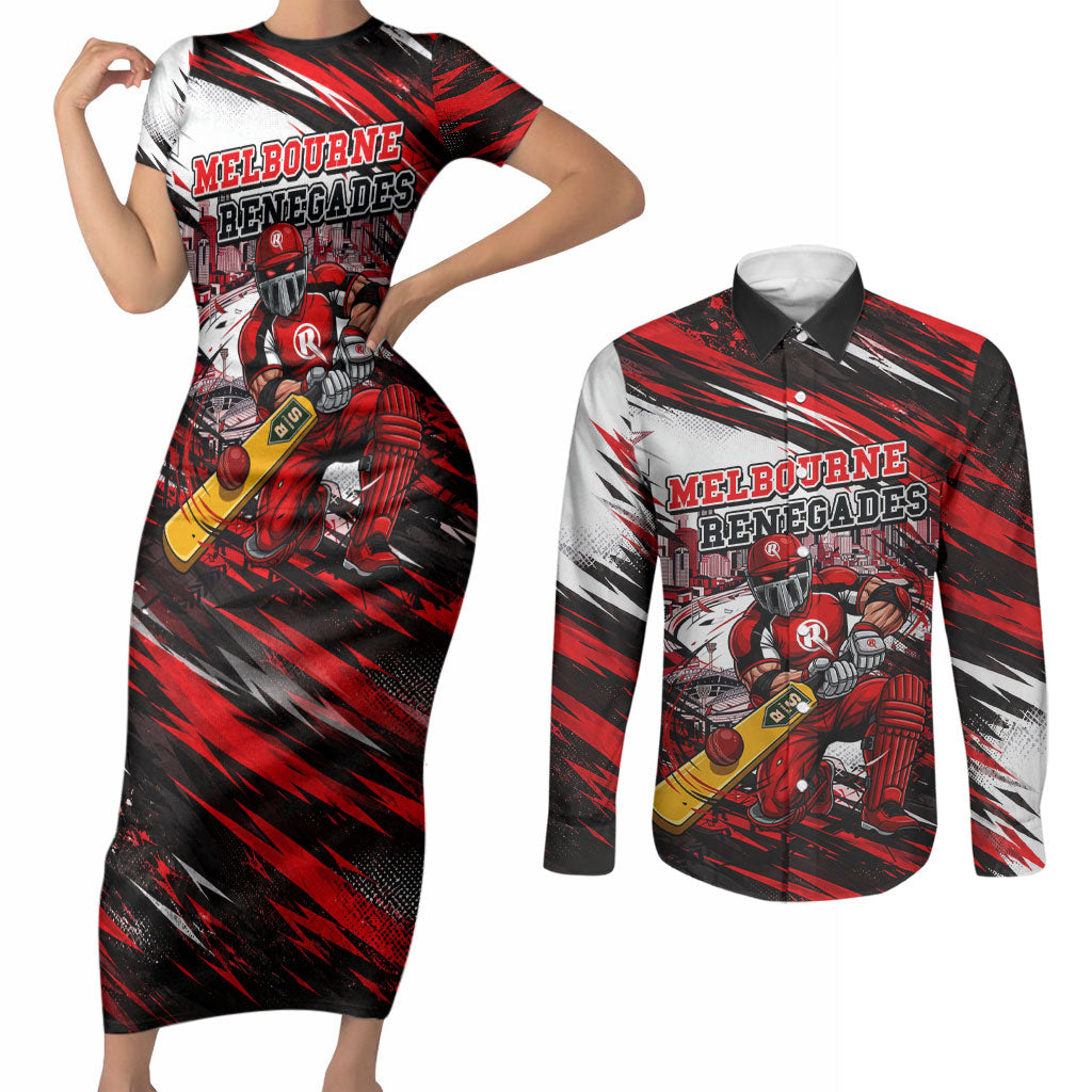 Personalised Melbourne Renegades Cricket Fan Pride Couples Matching Short Sleeve Bodycon Dress and Long Sleeve Button Shirt Dynamic Cricket Graphic Art With Melbourne City Skyline