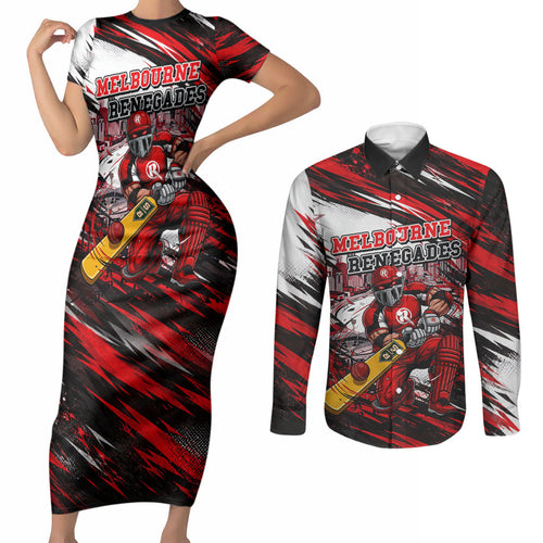 Personalised Melbourne Renegades Cricket Fan Pride Couples Matching Short Sleeve Bodycon Dress and Long Sleeve Button Shirt Dynamic Cricket Graphic Art With Melbourne City Skyline