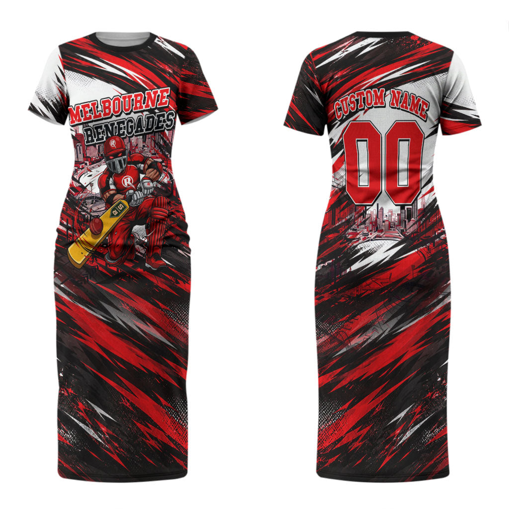 Personalised Melbourne Renegades Cricket Fan Pride Couples Matching Short Sleeve Bodycon Dress and Long Sleeve Button Shirt Dynamic Cricket Graphic Art With Melbourne City Skyline