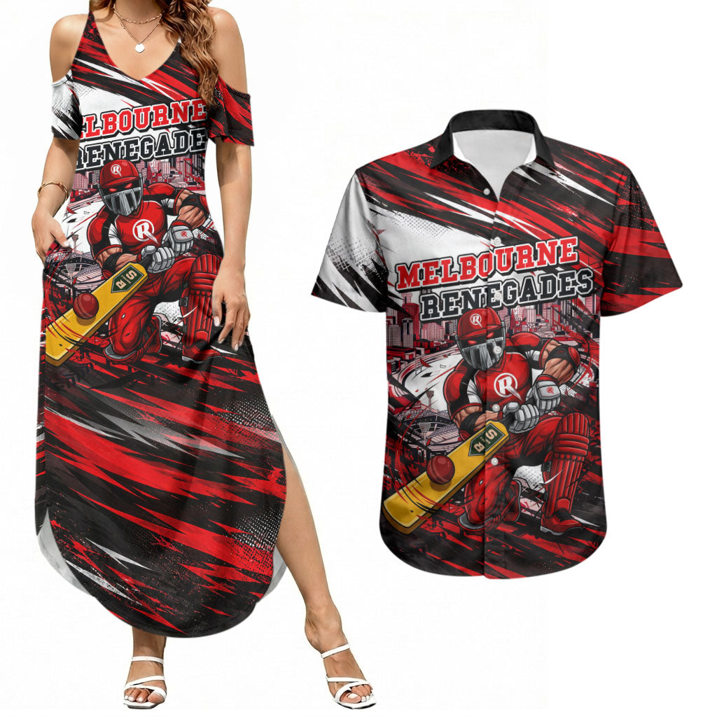 Personalised Melbourne Renegades Cricket Fan Pride Couples Matching Summer Maxi Dress and Hawaiian Shirt Dynamic Cricket Graphic Art With Melbourne City Skyline