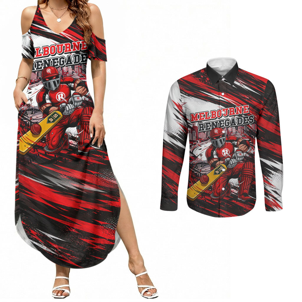 Personalised Melbourne Renegades Cricket Fan Pride Couples Matching Summer Maxi Dress and Long Sleeve Button Shirt Dynamic Cricket Graphic Art With Melbourne City Skyline