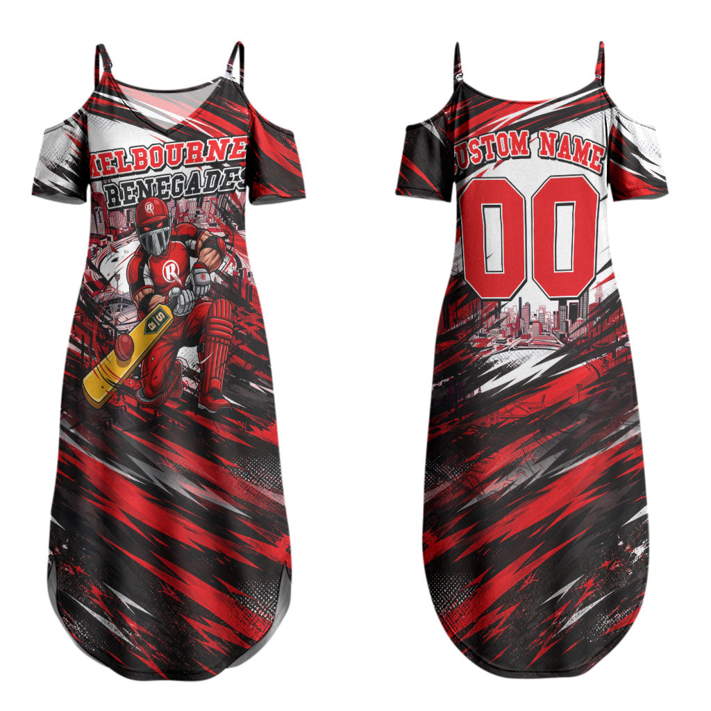 Personalised Melbourne Renegades Cricket Fan Pride Couples Matching Summer Maxi Dress and Long Sleeve Button Shirt Dynamic Cricket Graphic Art With Melbourne City Skyline