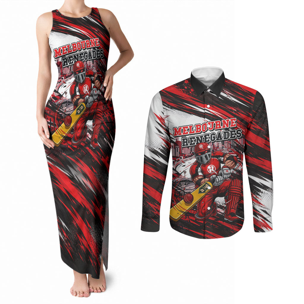 Personalised Melbourne Renegades Cricket Fan Pride Couples Matching Tank Maxi Dress and Long Sleeve Button Shirt Dynamic Cricket Graphic Art With Melbourne City Skyline