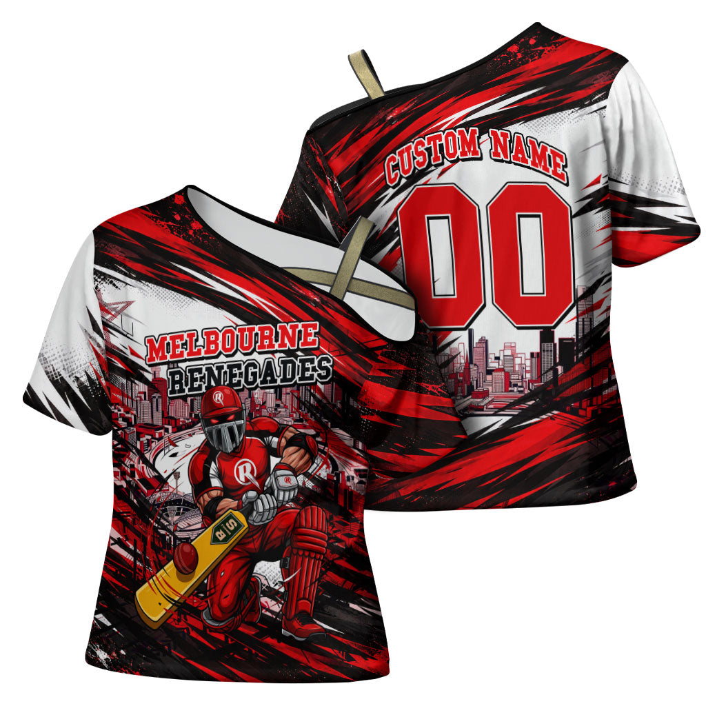 Personalised Melbourne Renegades Cricket Fan Pride Cross Shoulder Shirt Dynamic Cricket Graphic Art With Melbourne City Skyline