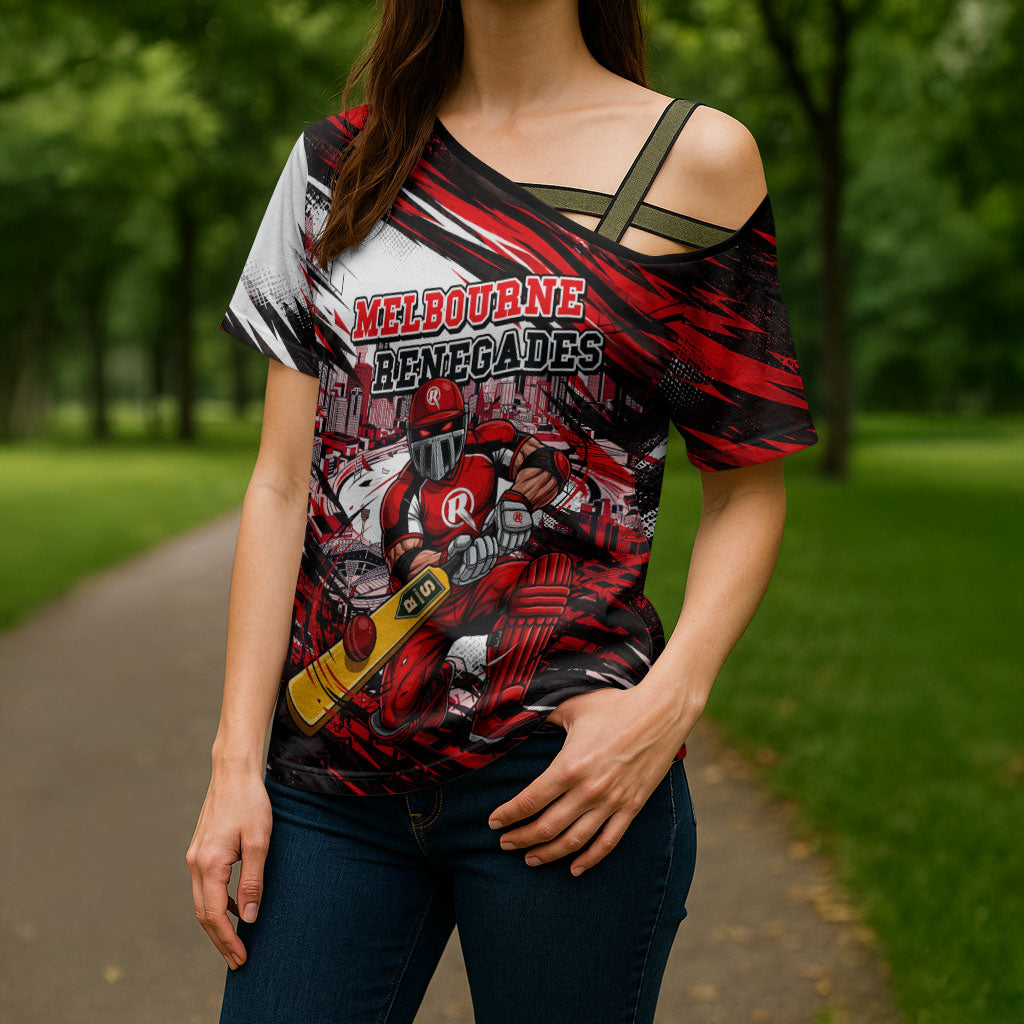 Personalised Melbourne Renegades Cricket Fan Pride Cross Shoulder Shirt Dynamic Cricket Graphic Art With Melbourne City Skyline