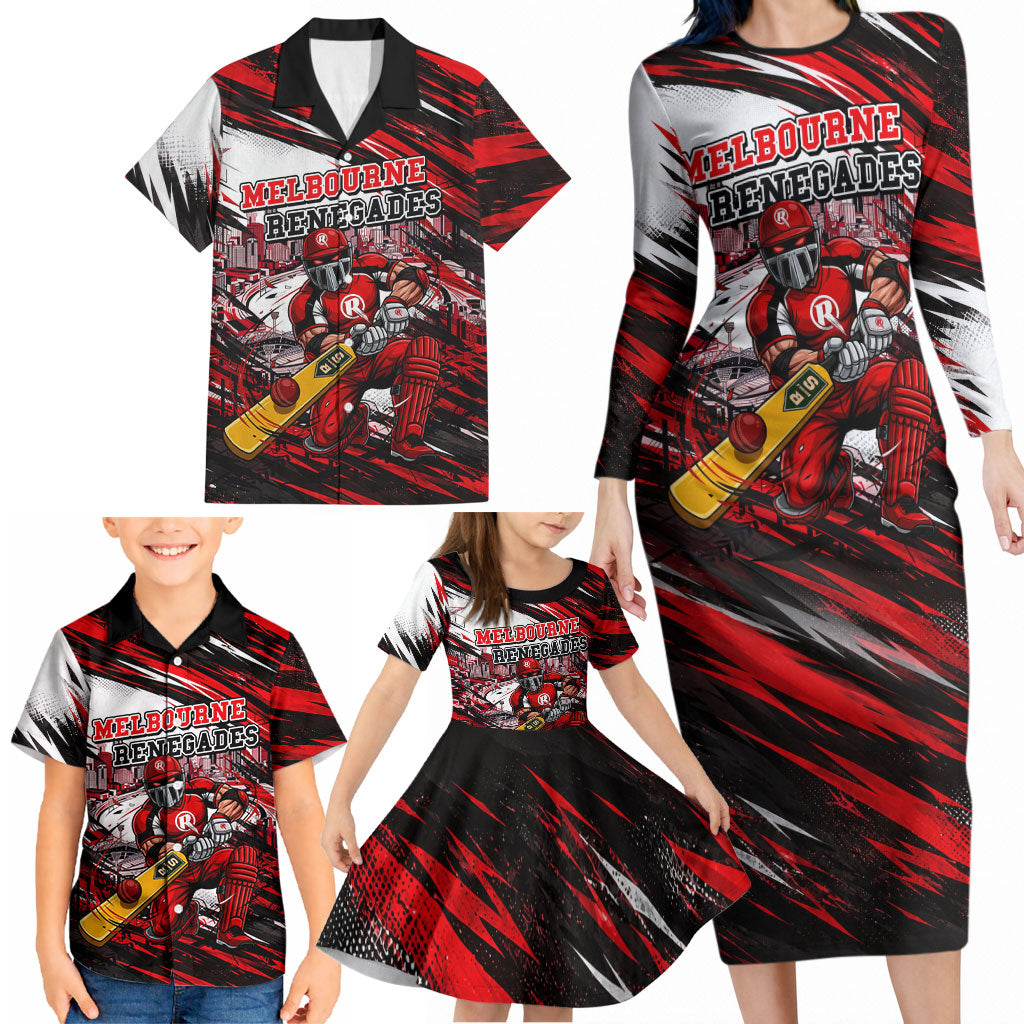 Personalised Melbourne Renegades Cricket Fan Pride Family Matching Long Sleeve Bodycon Dress and Hawaiian Shirt Dynamic Cricket Graphic Art With Melbourne City Skyline