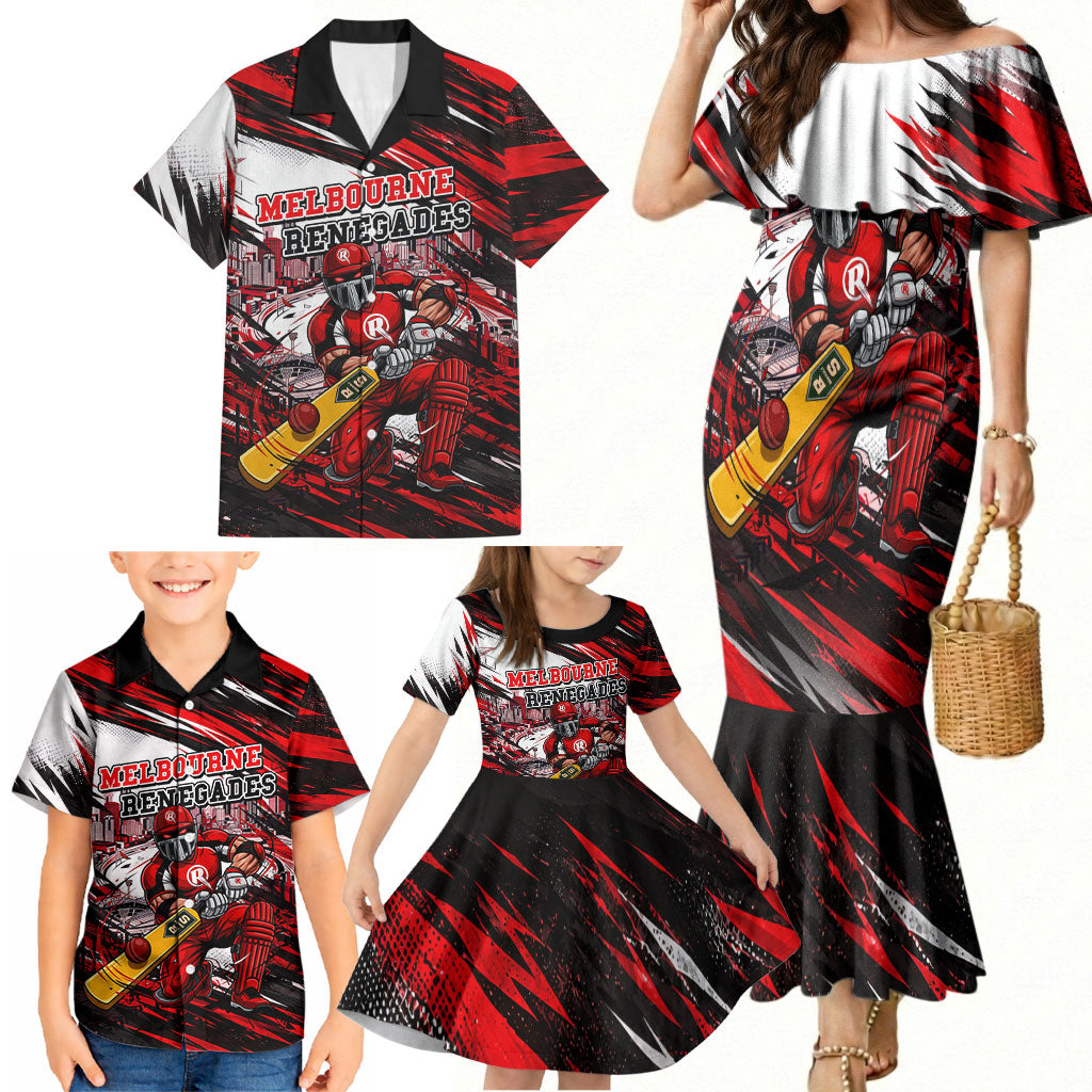 Personalised Melbourne Renegades Cricket Fan Pride Family Matching Mermaid Dress and Hawaiian Shirt Dynamic Cricket Graphic Art With Melbourne City Skyline