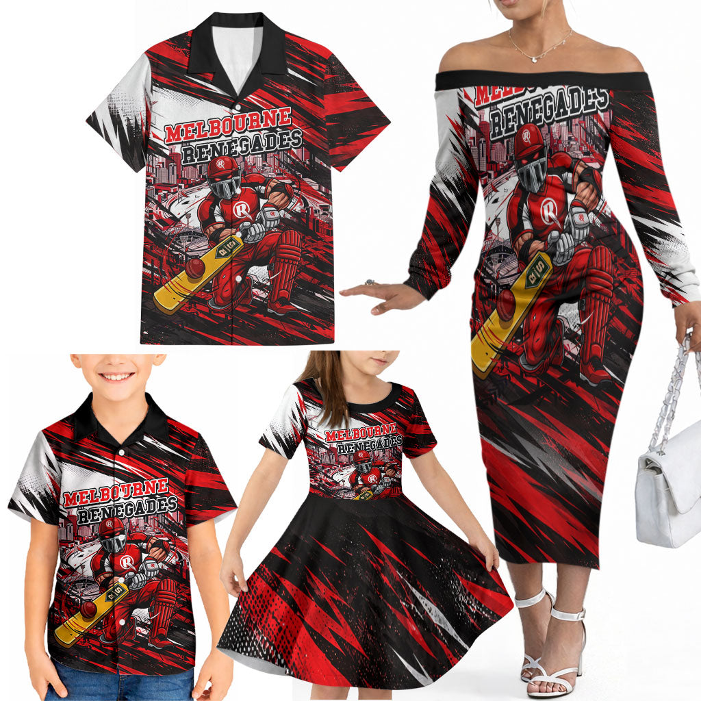 Personalised Melbourne Renegades Cricket Fan Pride Family Matching Off The Shoulder Long Sleeve Dress and Hawaiian Shirt Dynamic Cricket Graphic Art With Melbourne City Skyline