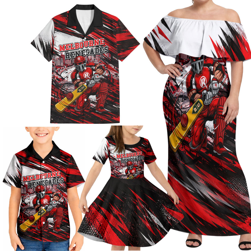 Personalised Melbourne Renegades Cricket Fan Pride Family Matching Off Shoulder Maxi Dress and Hawaiian Shirt Dynamic Cricket Graphic Art With Melbourne City Skyline