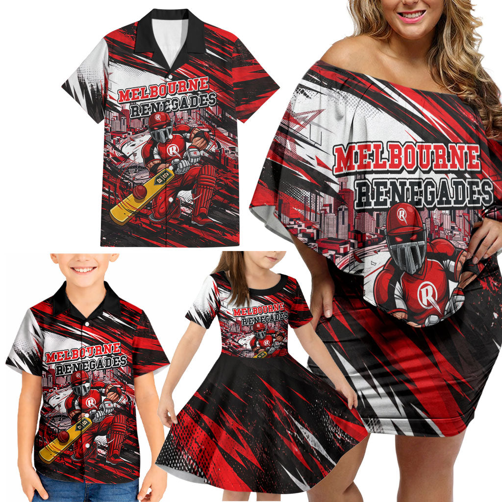Personalised Melbourne Renegades Cricket Fan Pride Family Matching Off Shoulder Short Dress and Hawaiian Shirt Dynamic Cricket Graphic Art With Melbourne City Skyline
