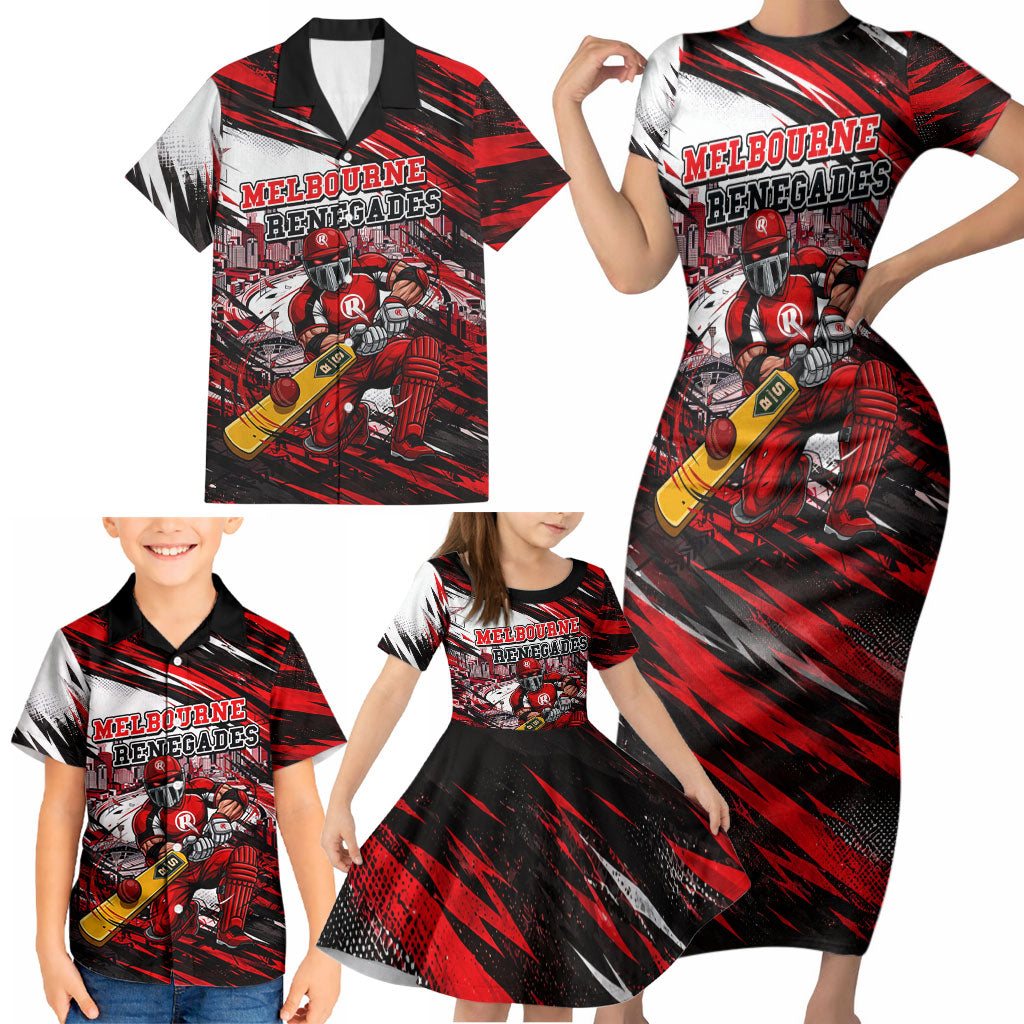 Personalised Melbourne Renegades Cricket Fan Pride Family Matching Short Sleeve Bodycon Dress and Hawaiian Shirt Dynamic Cricket Graphic Art With Melbourne City Skyline