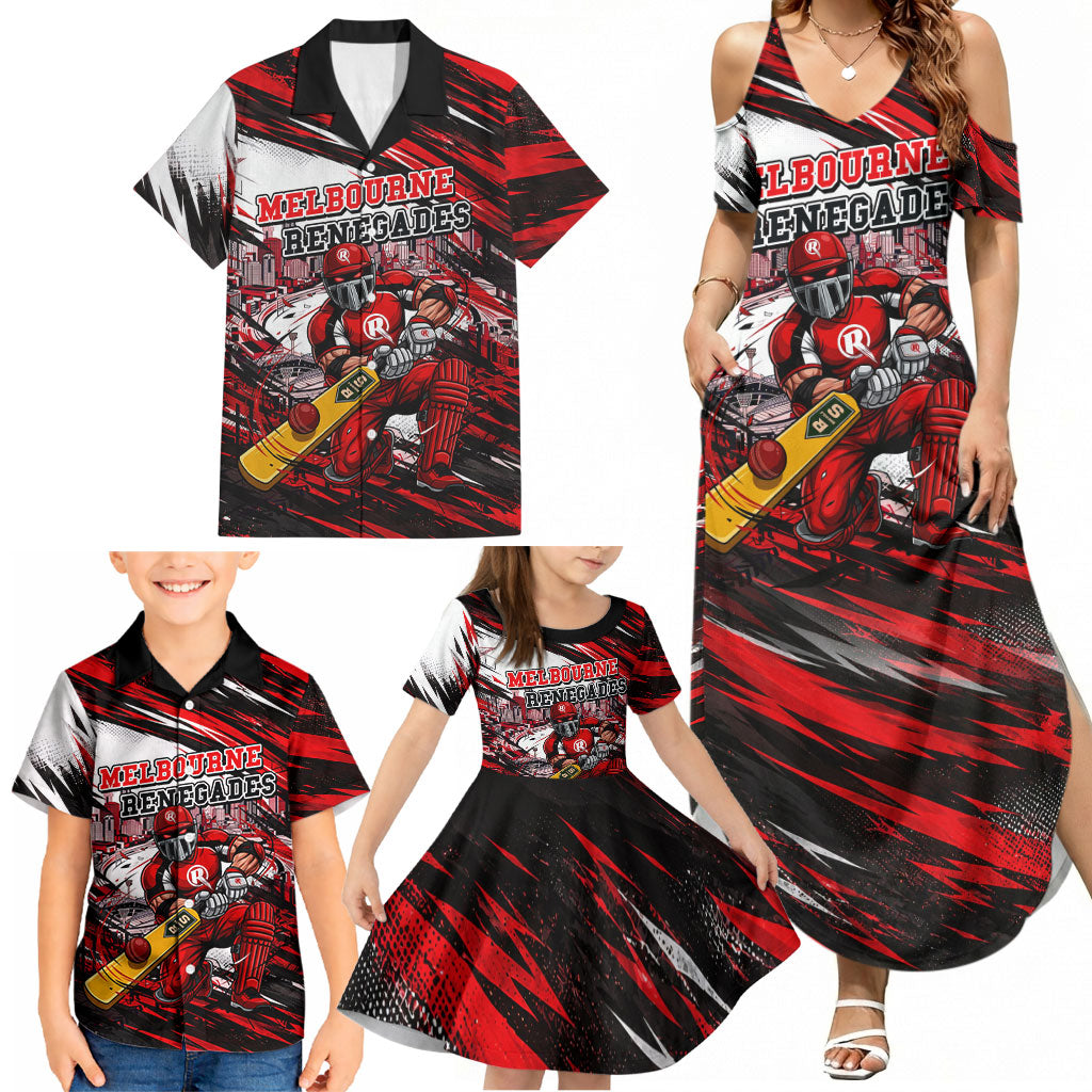 Personalised Melbourne Renegades Cricket Fan Pride Family Matching Summer Maxi Dress and Hawaiian Shirt Dynamic Cricket Graphic Art With Melbourne City Skyline