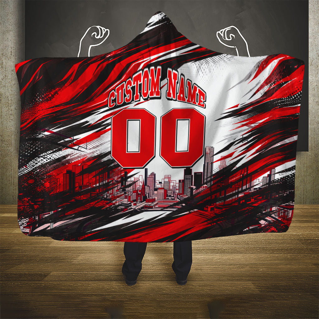 Personalised Melbourne Renegades Cricket Fan Pride Hooded Blanket Dynamic Cricket Graphic Art With Melbourne City Skyline