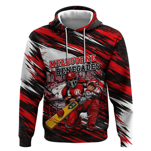 Personalised Melbourne Renegades Cricket Fan Pride Hoodie Dynamic Cricket Graphic Art With Melbourne City Skyline
