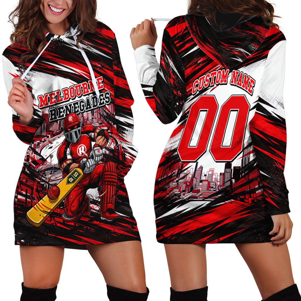 Personalised Melbourne Renegades Cricket Fan Pride Hoodie Dress Dynamic Cricket Graphic Art With Melbourne City Skyline