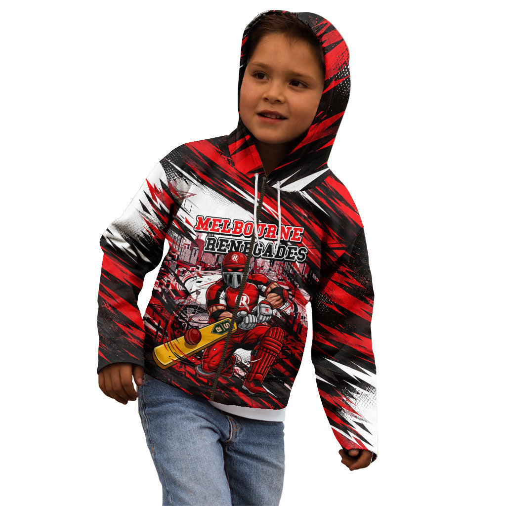 Personalised Melbourne Renegades Cricket Fan Pride Kid Hoodie Dynamic Cricket Graphic Art With Melbourne City Skyline
