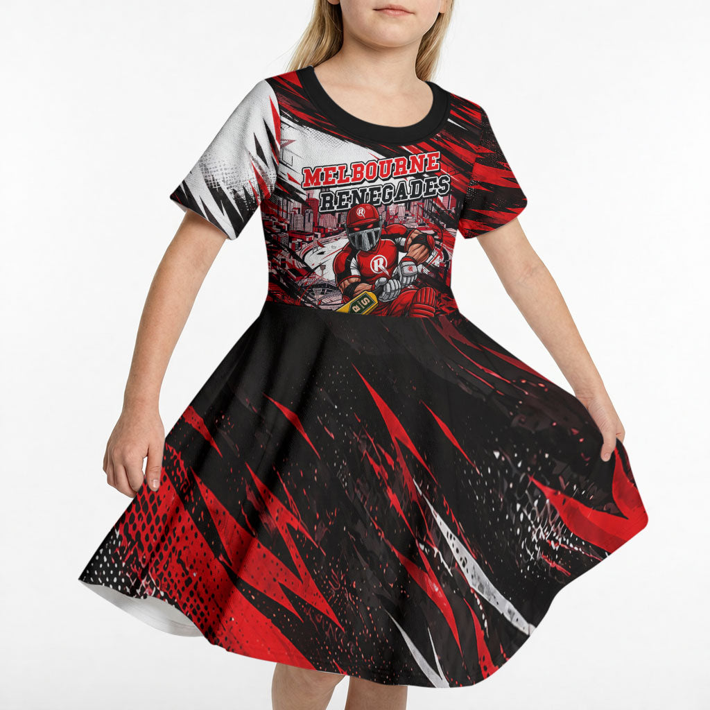 Personalised Melbourne Renegades Cricket Fan Pride Kid Short Sleeve Dress Dynamic Cricket Graphic Art With Melbourne City Skyline