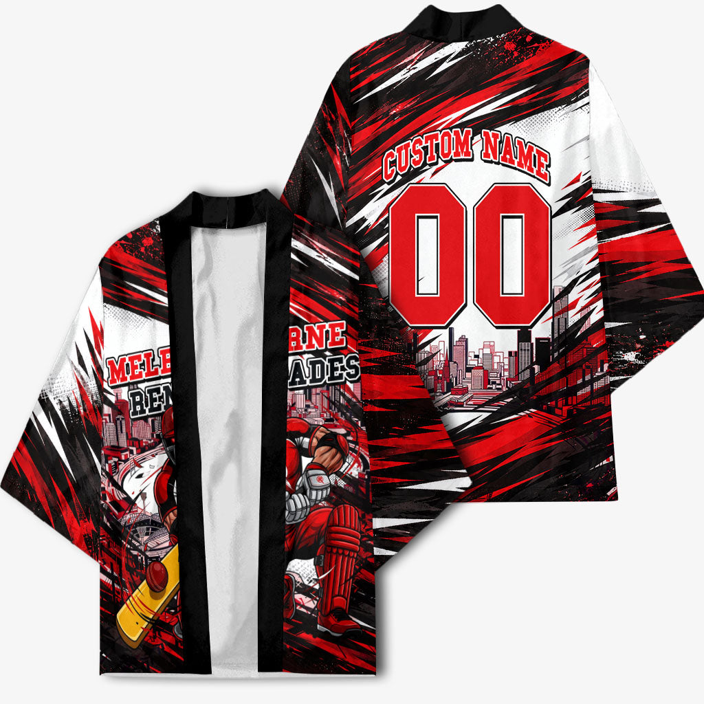 Personalised Melbourne Renegades Cricket Fan Pride Kimono Dynamic Cricket Graphic Art With Melbourne City Skyline