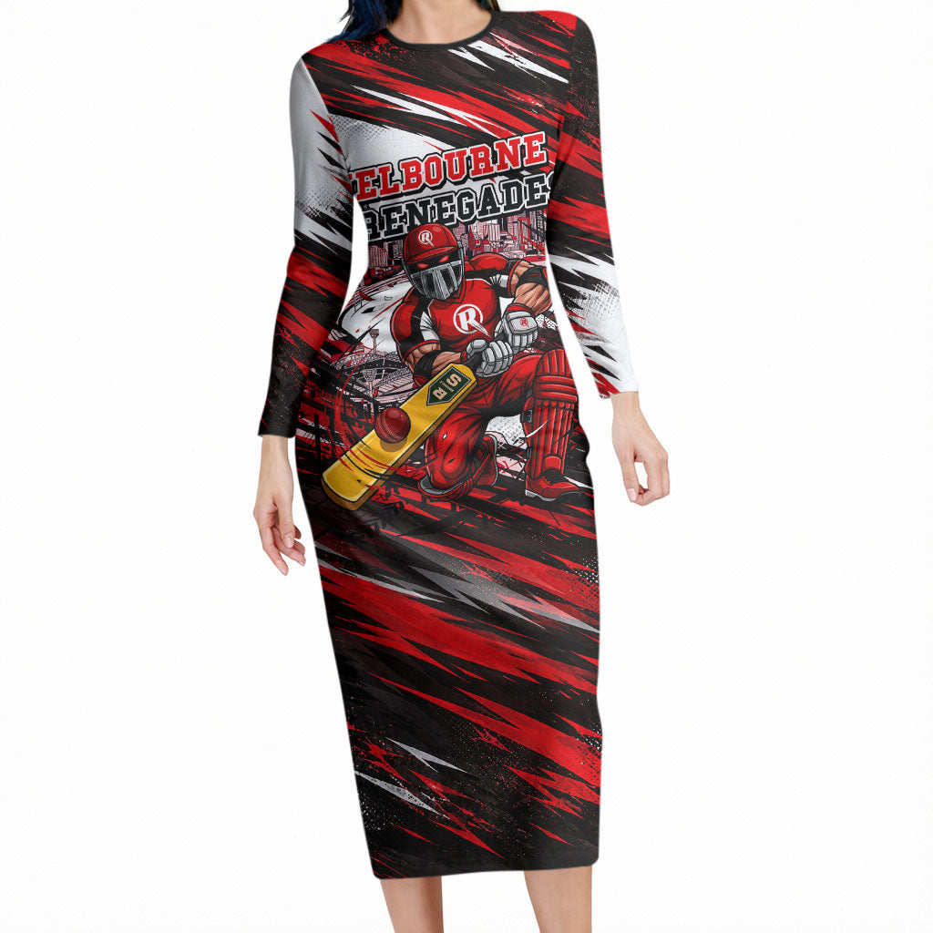 Personalised Melbourne Renegades Cricket Fan Pride Long Sleeve Bodycon Dress Dynamic Cricket Graphic Art With Melbourne City Skyline