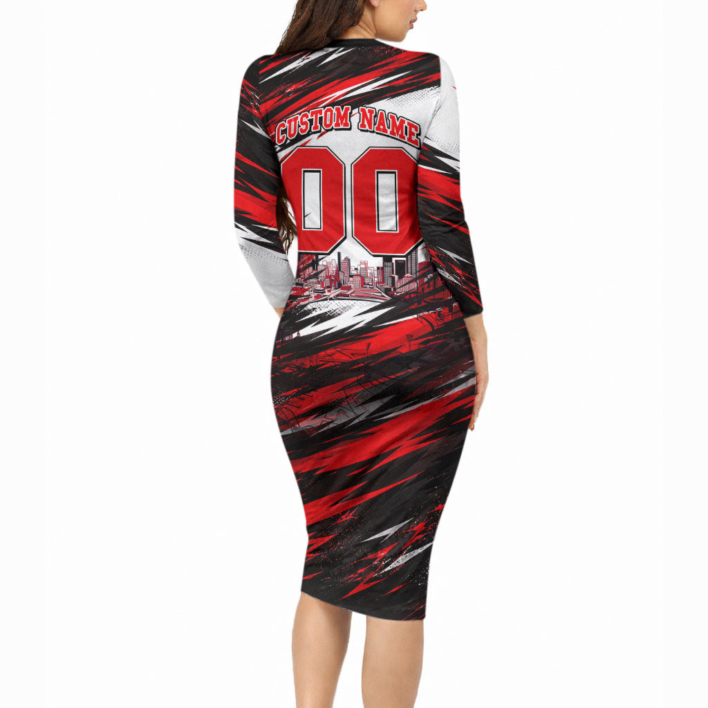 Personalised Melbourne Renegades Cricket Fan Pride Long Sleeve Bodycon Dress Dynamic Cricket Graphic Art With Melbourne City Skyline