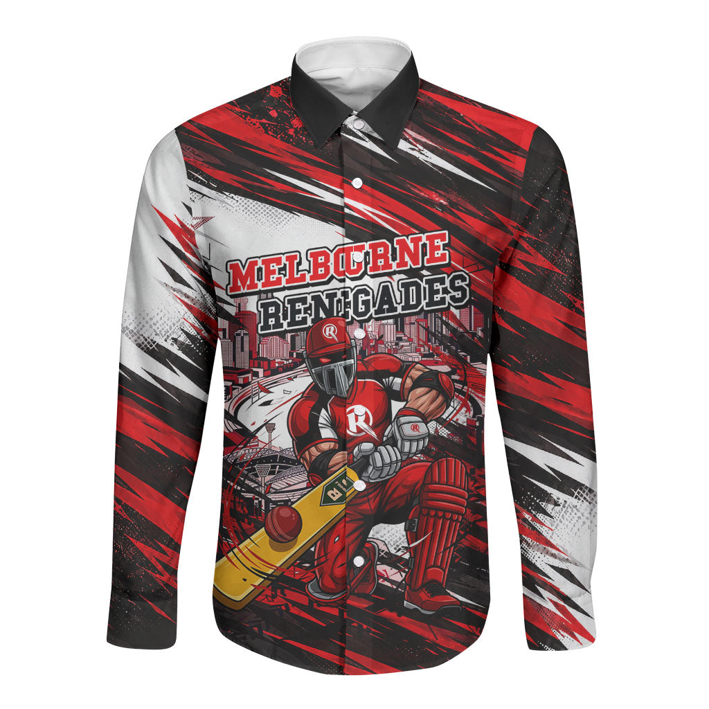 Personalised Melbourne Renegades Cricket Fan Pride Long Sleeve Button Shirt Dynamic Cricket Graphic Art With Melbourne City Skyline