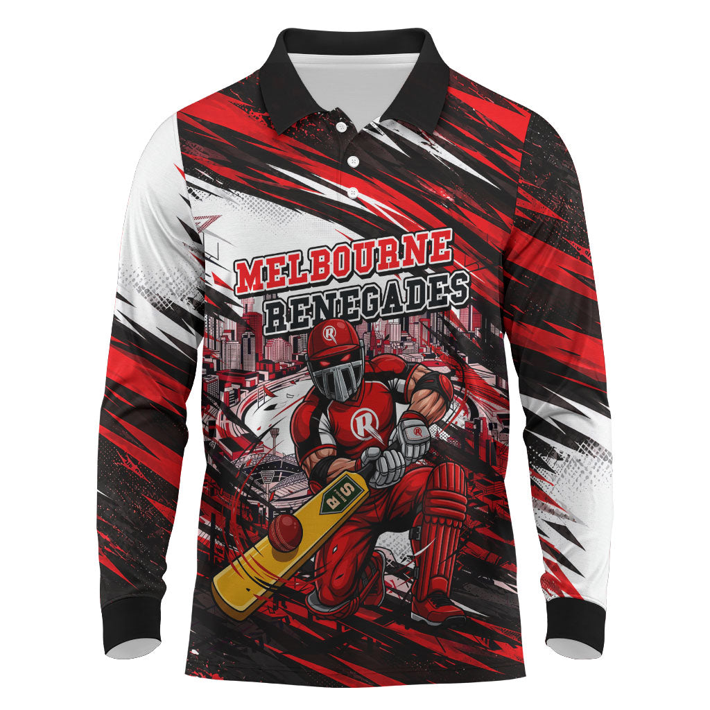 Personalised Melbourne Renegades Cricket Fan Pride Long Sleeve Polo Shirt Dynamic Cricket Graphic Art With Melbourne City Skyline