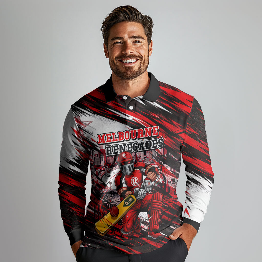 Personalised Melbourne Renegades Cricket Fan Pride Long Sleeve Polo Shirt Dynamic Cricket Graphic Art With Melbourne City Skyline