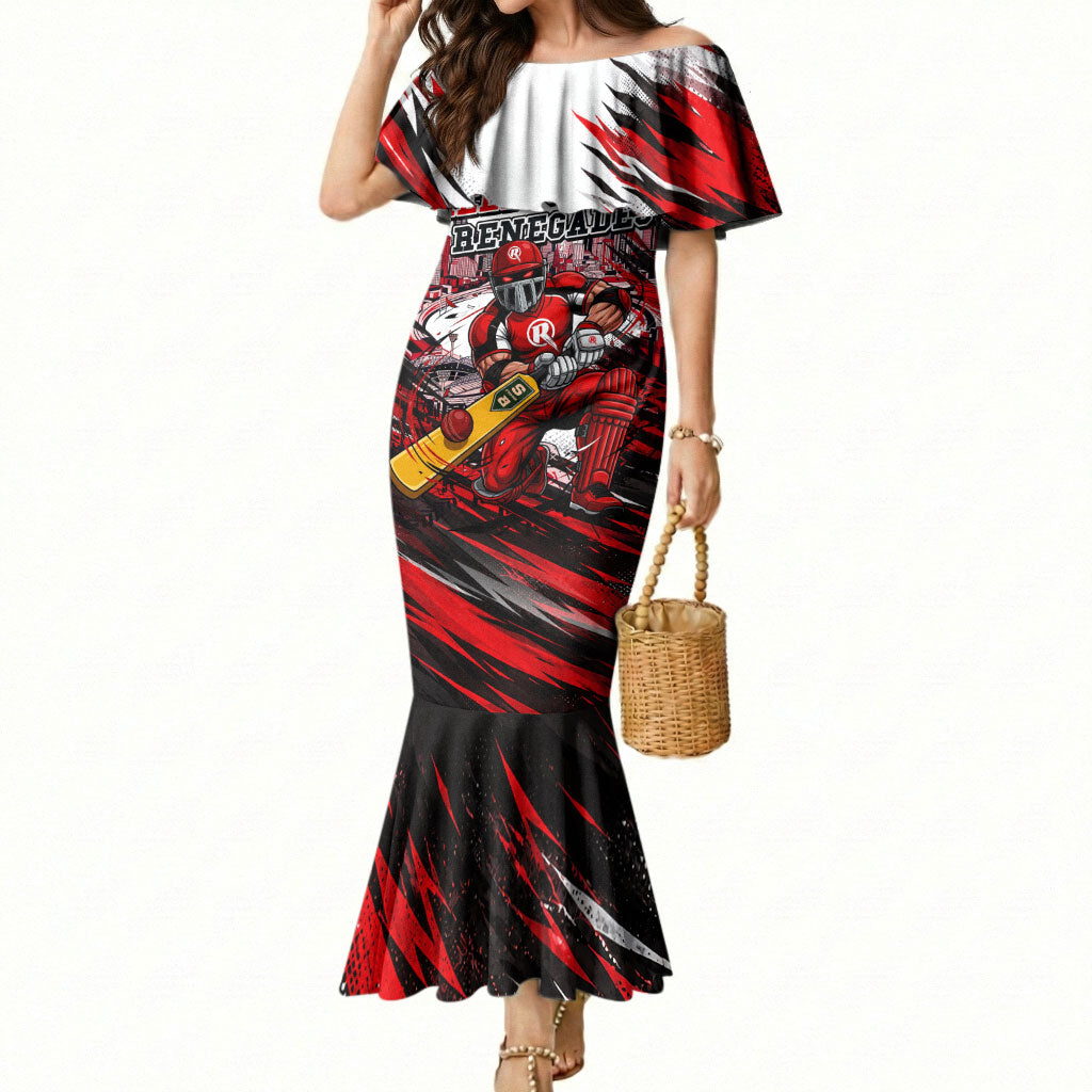 Personalised Melbourne Renegades Cricket Fan Pride Mermaid Dress Dynamic Cricket Graphic Art With Melbourne City Skyline