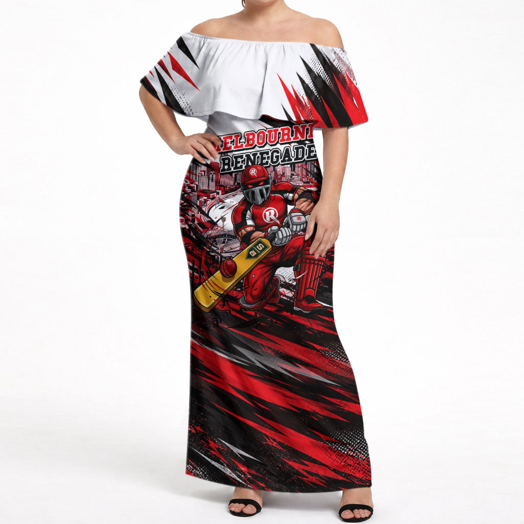 Personalised Melbourne Renegades Cricket Fan Pride Off Shoulder Maxi Dress Dynamic Cricket Graphic Art With Melbourne City Skyline