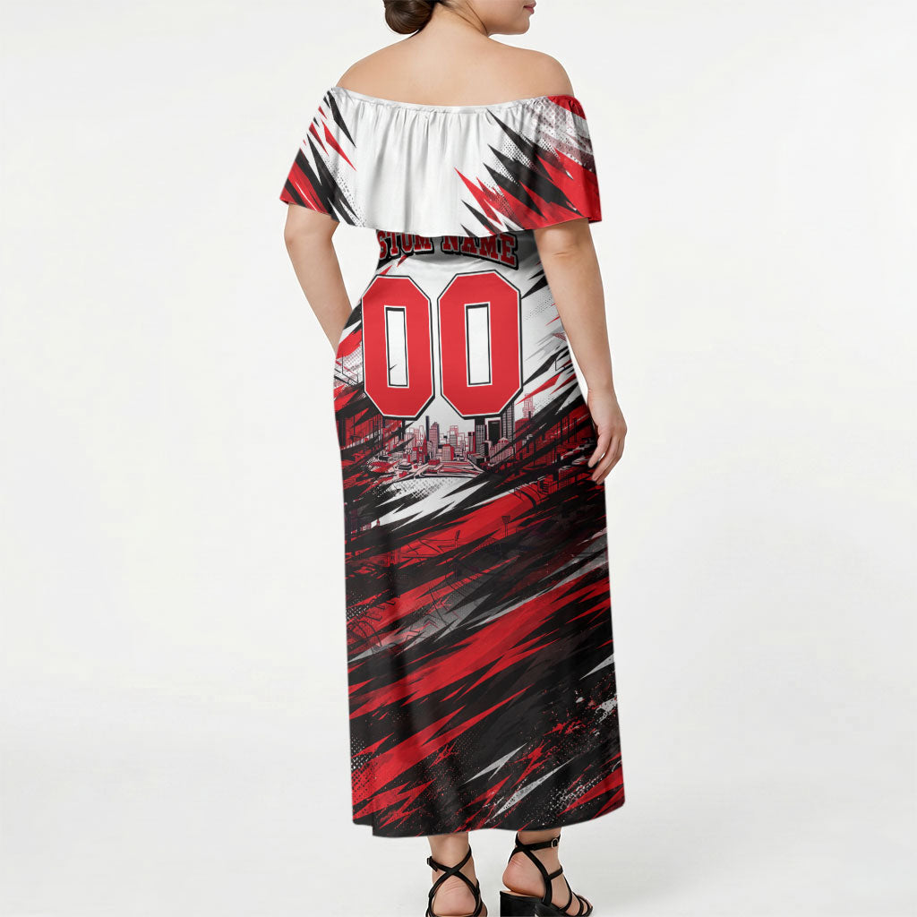 Personalised Melbourne Renegades Cricket Fan Pride Off Shoulder Maxi Dress Dynamic Cricket Graphic Art With Melbourne City Skyline