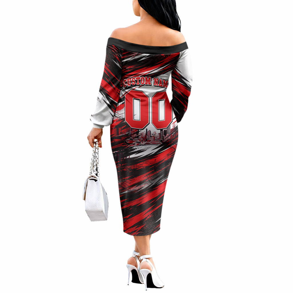 Personalised Melbourne Renegades Cricket Fan Pride Off The Shoulder Long Sleeve Dress Dynamic Cricket Graphic Art With Melbourne City Skyline