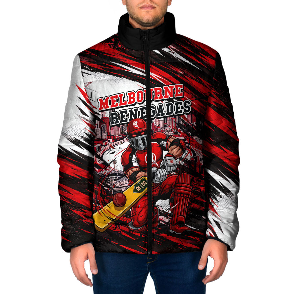 Personalised Melbourne Renegades Cricket Fan Pride Padded Jacket Dynamic Cricket Graphic Art With Melbourne City Skyline
