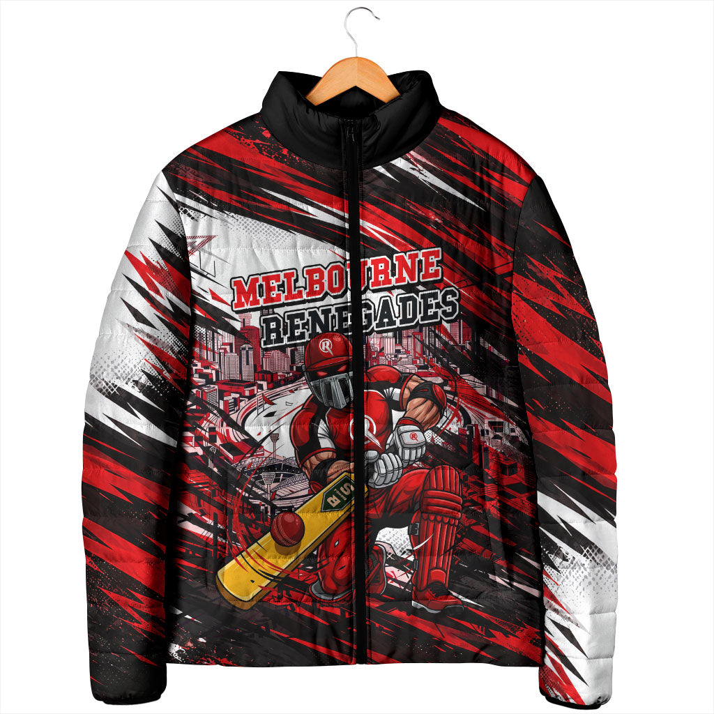 Personalised Melbourne Renegades Cricket Fan Pride Padded Jacket Dynamic Cricket Graphic Art With Melbourne City Skyline