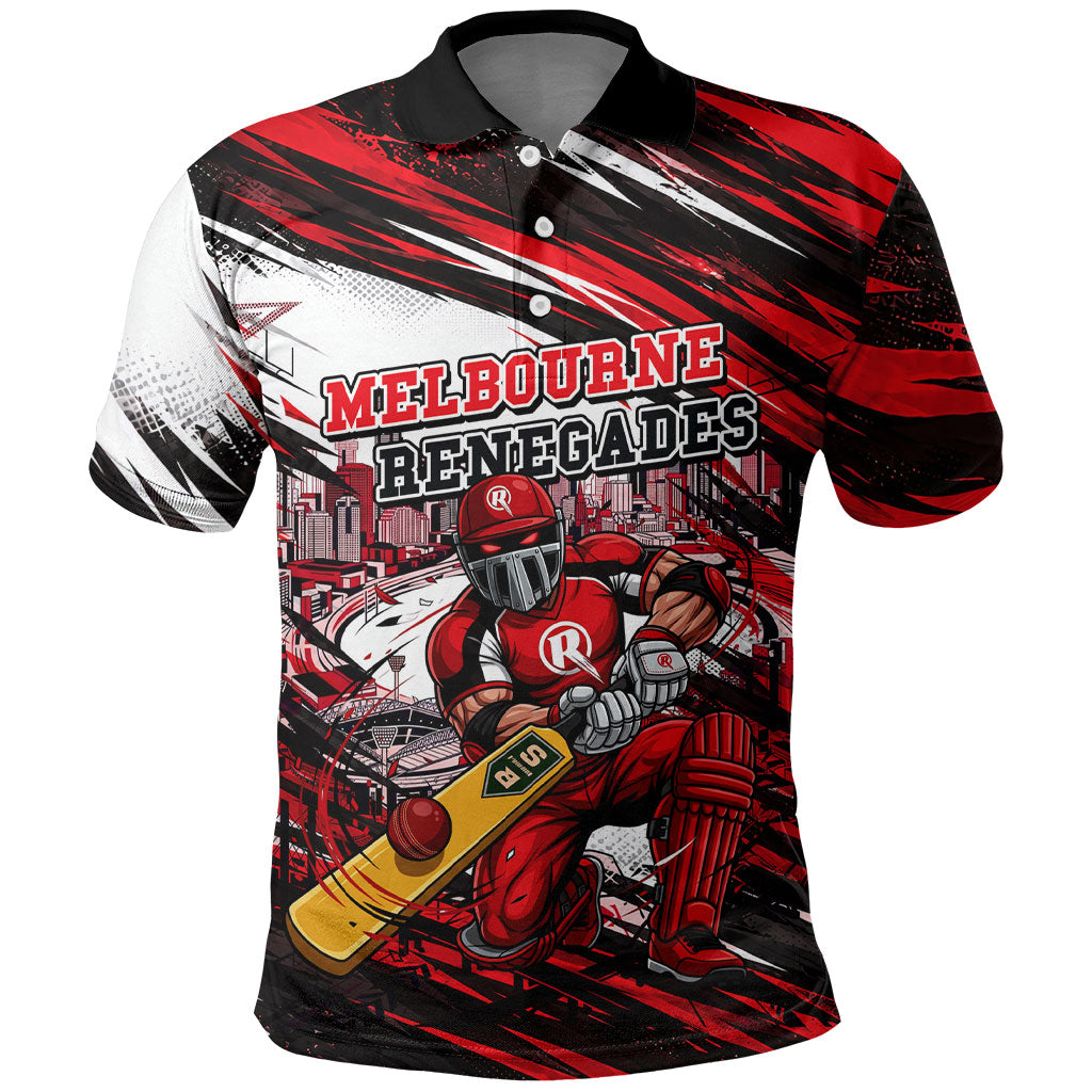 Personalised Melbourne Renegades Cricket Fan Pride Polo Shirt Dynamic Cricket Graphic Art With Melbourne City Skyline