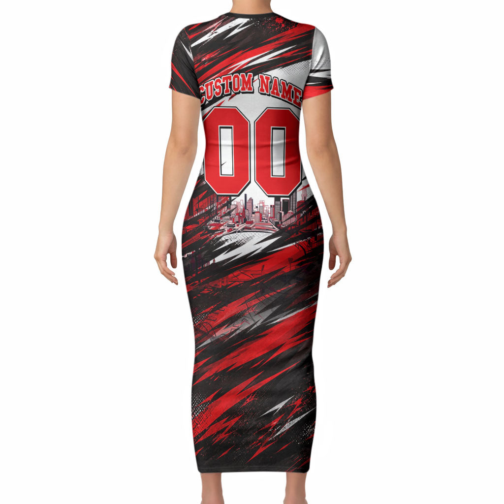 Personalised Melbourne Renegades Cricket Fan Pride Short Sleeve Bodycon Dress Dynamic Cricket Graphic Art With Melbourne City Skyline