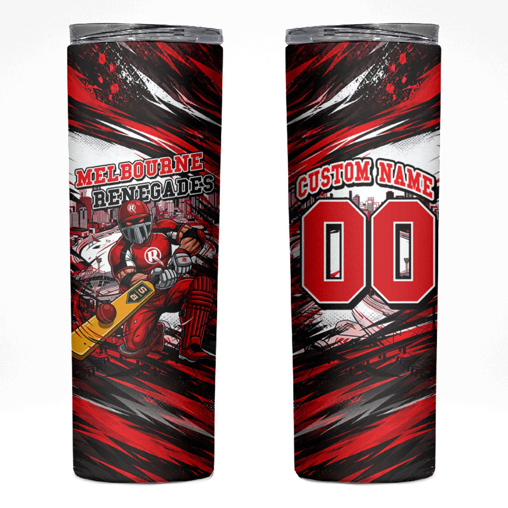 Personalised Melbourne Renegades Cricket Fan Pride Skinny Tumbler Dynamic Cricket Graphic Art With Melbourne City Skyline